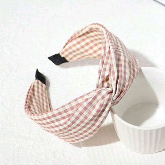 Pink Gingham Plaid Twist Knot Headband - Picture 1 of 5